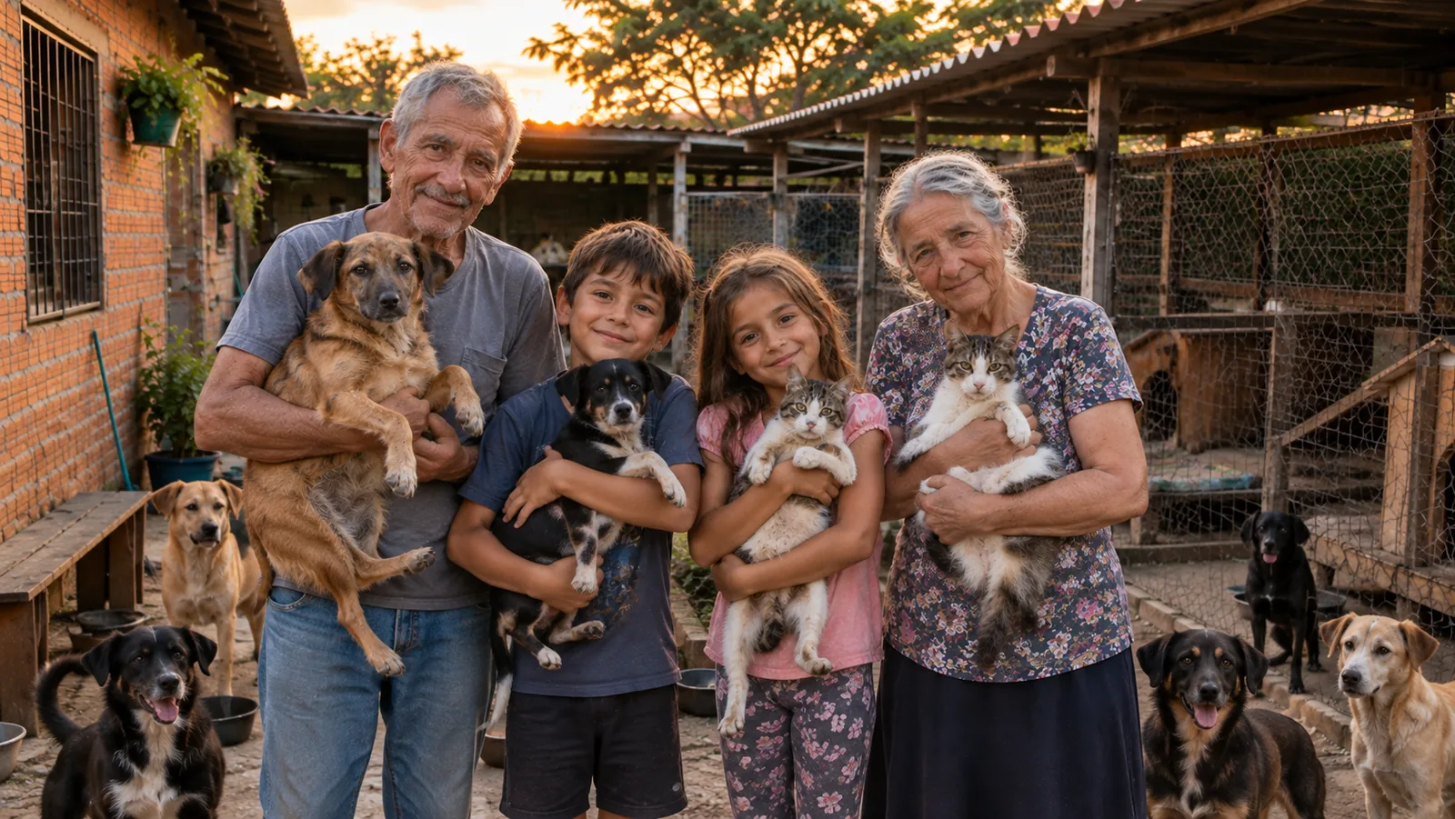 Família reunida com cães e gatos no abrigo