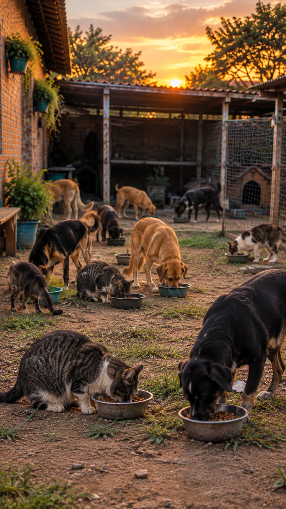 Cães e gatos se alimentando